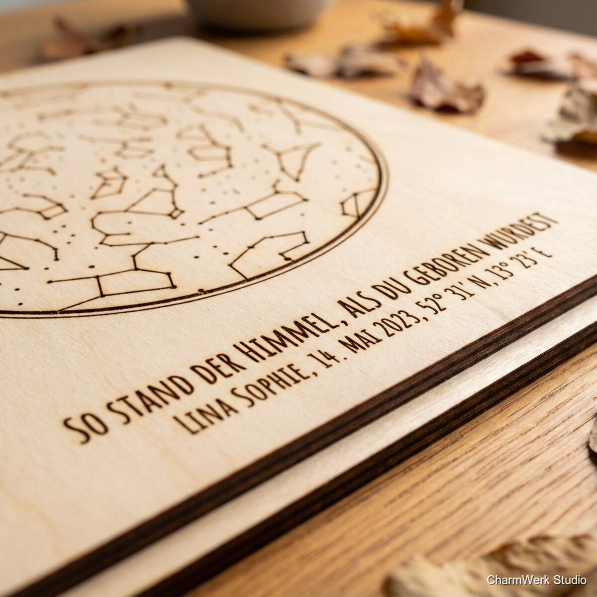 Lasergravierte Sternkarte des Geburtstagsabends - Detailansicht