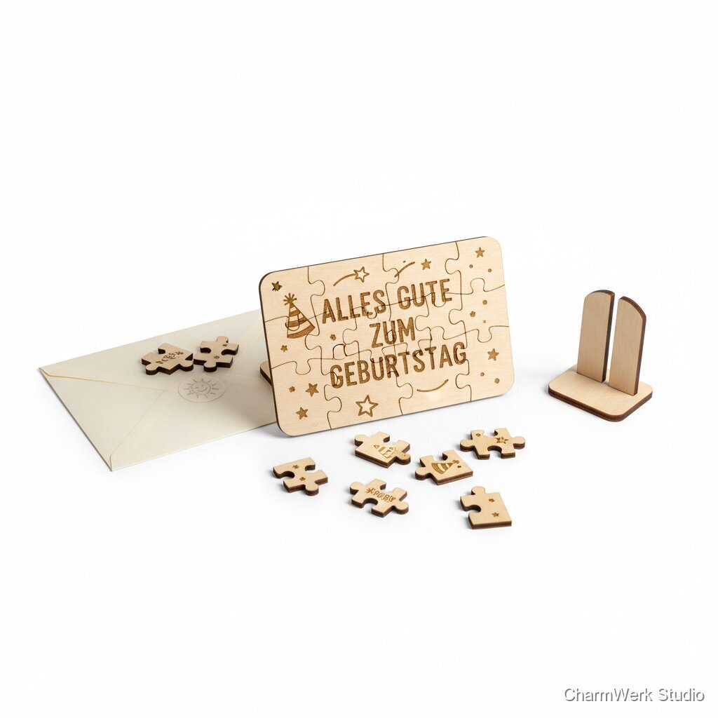 Kombi-Geschenk: „Geburtstagskarte“ als Holz-Puzzle mit Botschaft