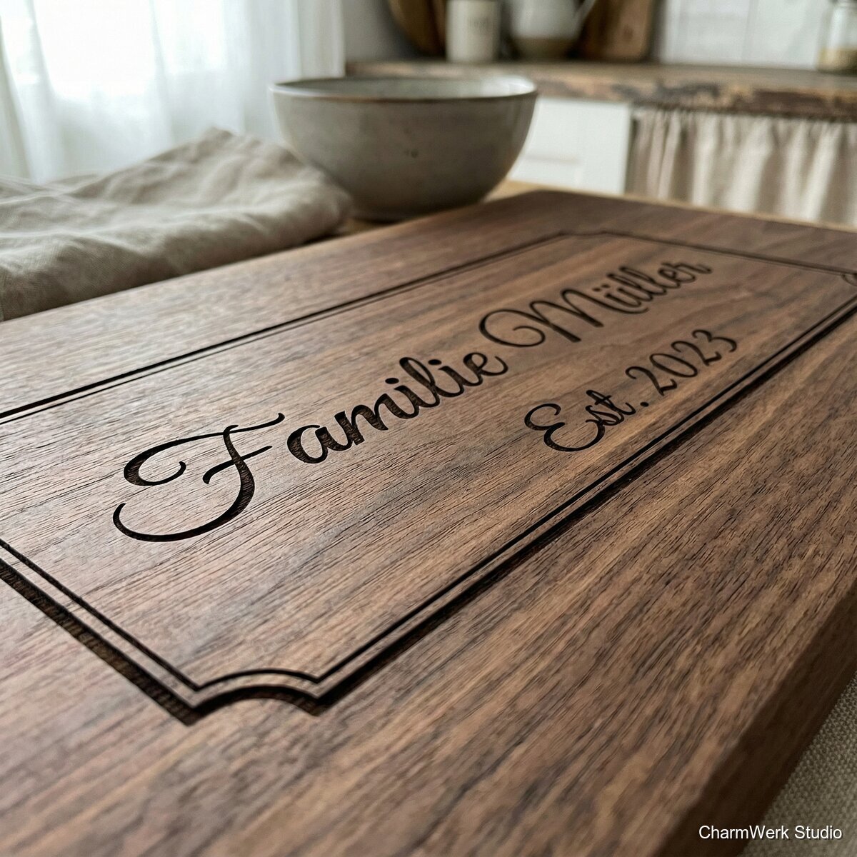 CNC-Schneidebrett mit Familienname und Datum - Detailansicht