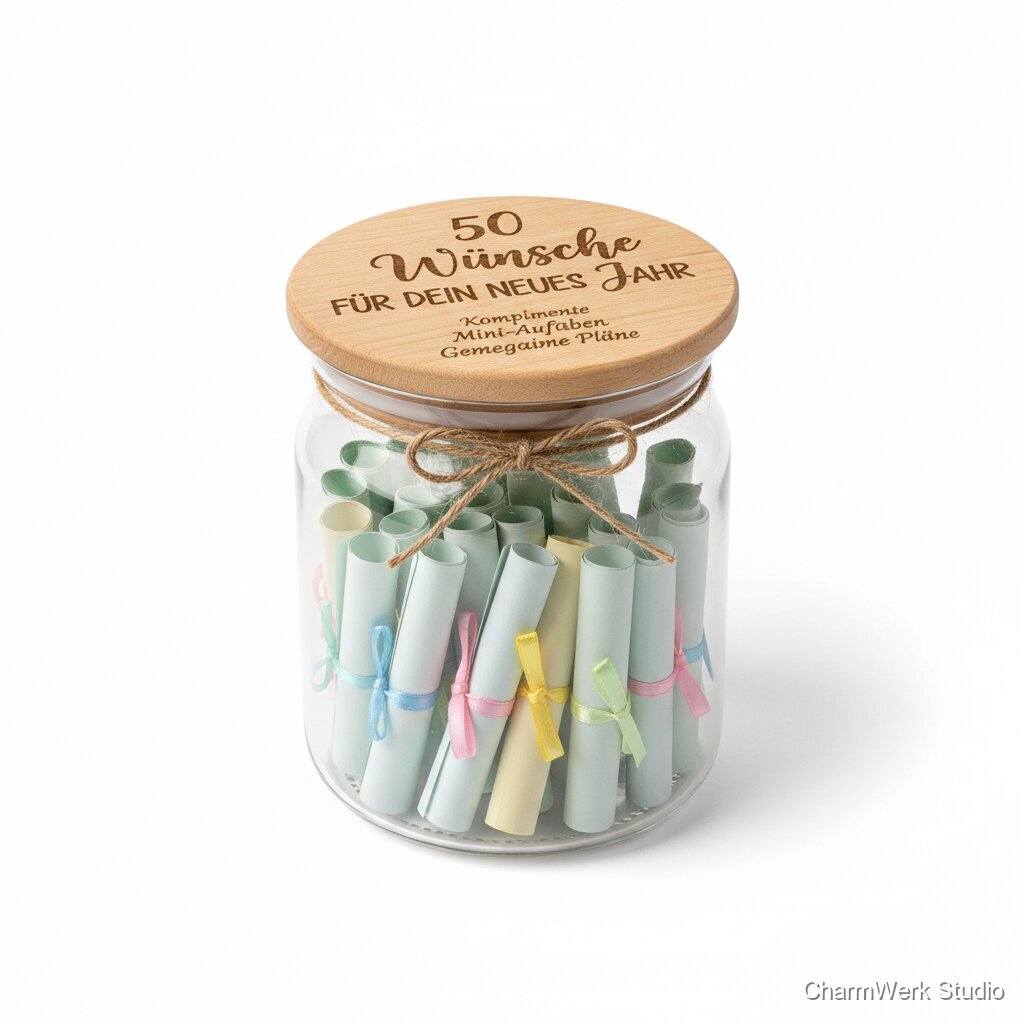 Handmade „Wunschglas“ mit graviertem Deckel & 50 Zetteln