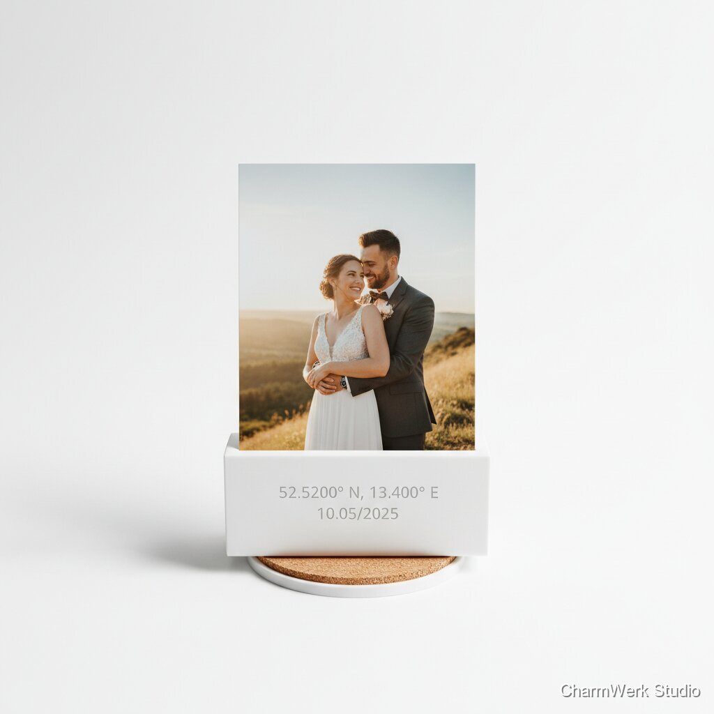 Foto-Standfuß mit Koordinaten eures Hochzeitsorts