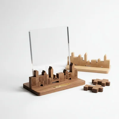 CNC-gefräster Fotoaufsteller als Skyline-Puzzle