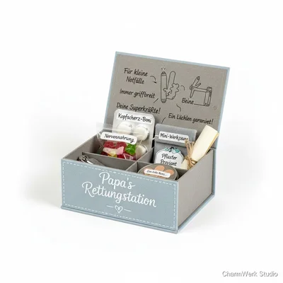 Personalisierte „Papa-Notfallbox“ aus Handkartonage