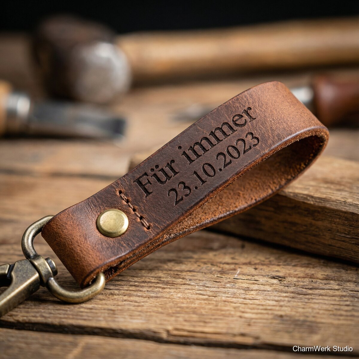 Leder-Schlüsselband mit geprägtem „Für immer“ - Detailansicht