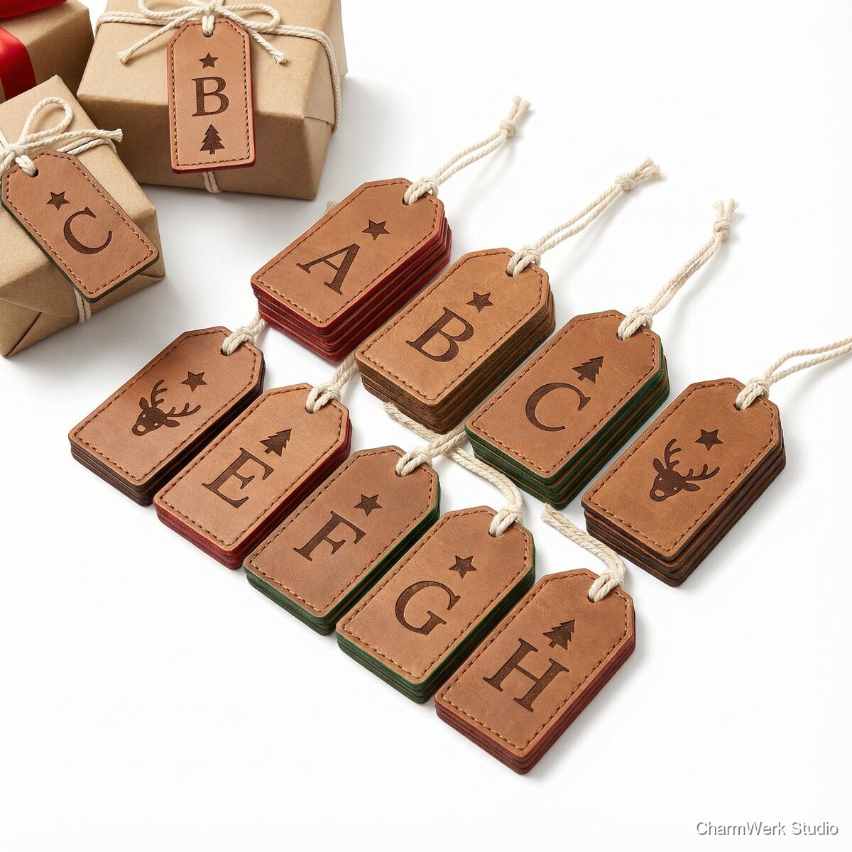 Leder-Geschenkanhänger-Set mit Initialen (wiederverwendbar) - Seitenansicht