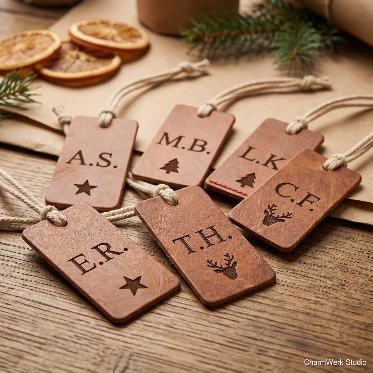 Leder-Geschenkanhänger-Set mit Initialen (wiederverwendbar) - Detailansicht