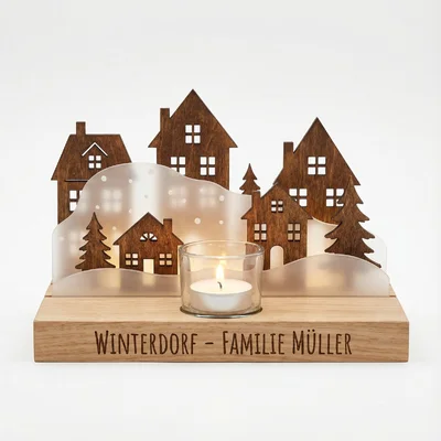 Winterdorf-Teelichthalter aus Holz und Acryl-Schnee