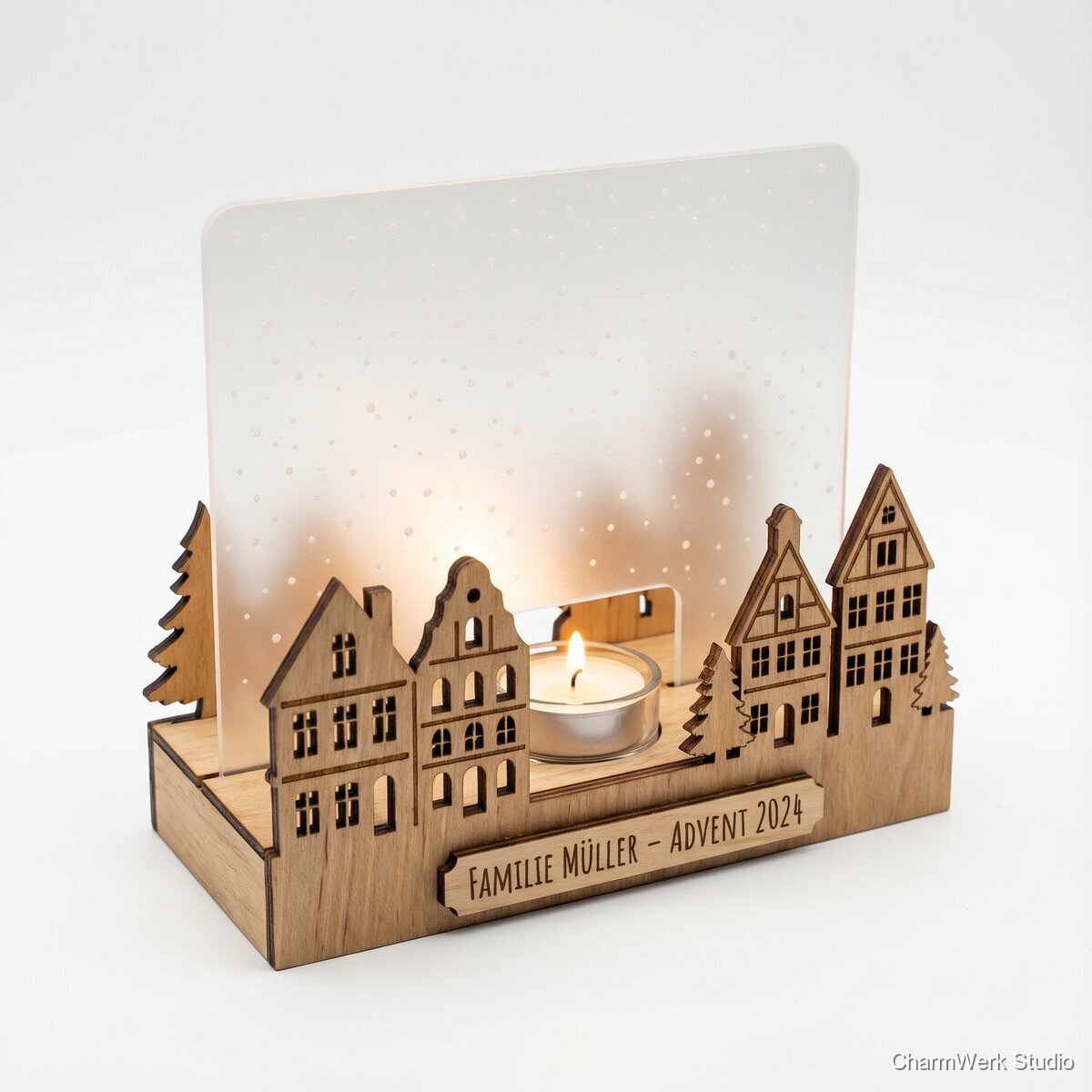 Winterdorf-Teelichthalter aus Holz und Acryl-Schnee - Seitenansicht