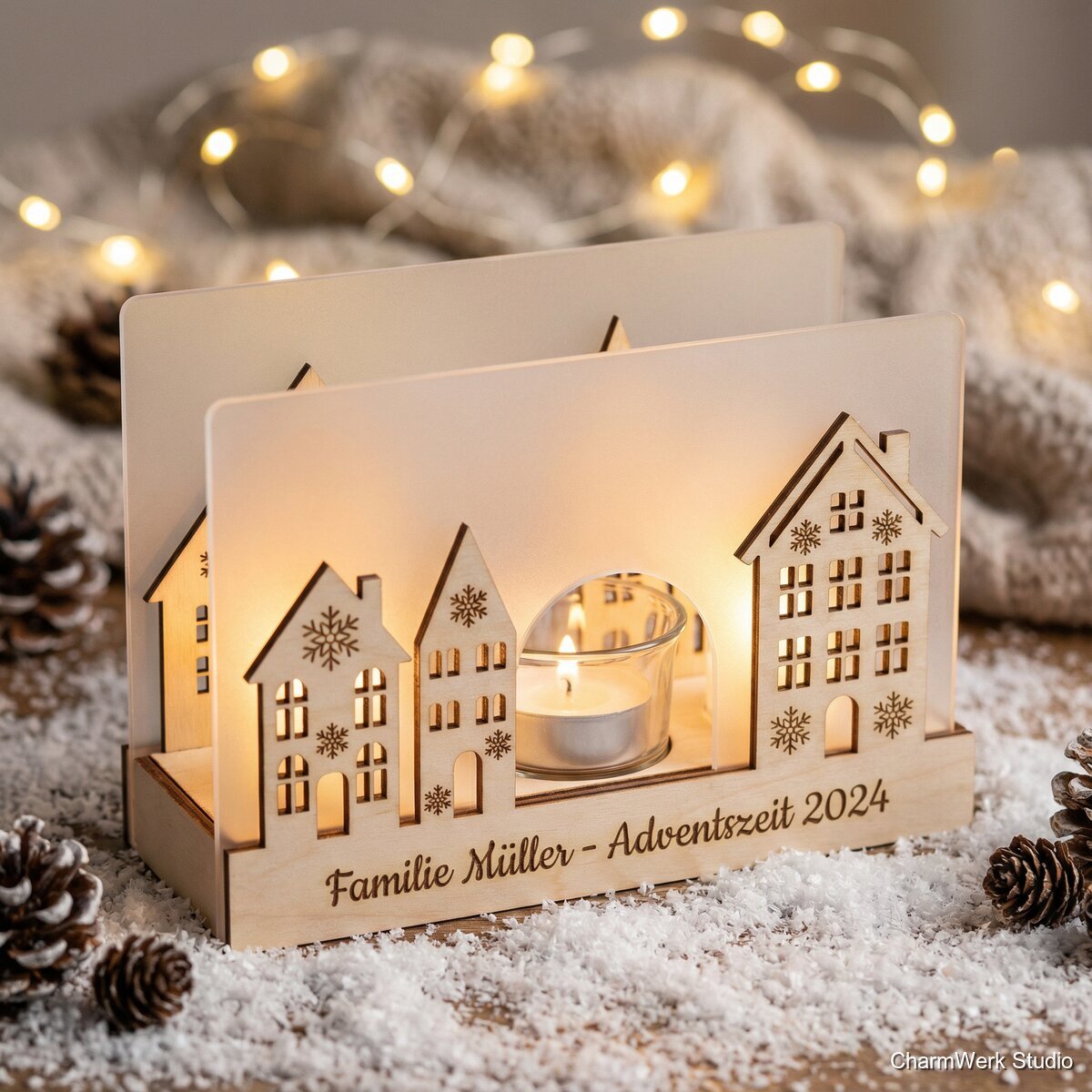 Winterdorf-Teelichthalter aus Holz und Acryl-Schnee - Detailansicht