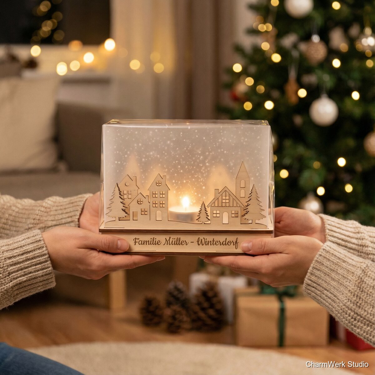 Winterdorf-Teelichthalter aus Holz und Acryl-Schnee - Lifestyle