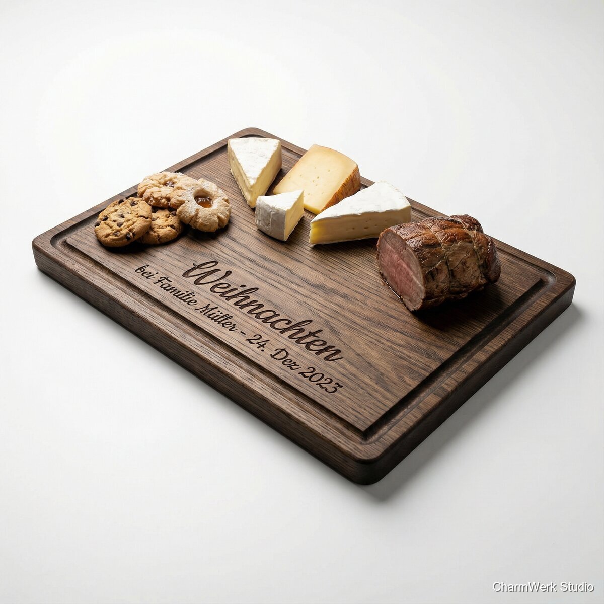 CNC-Servierbrett „Weihnachtsabend“ mit Gravur und Saftrille - Seitenansicht