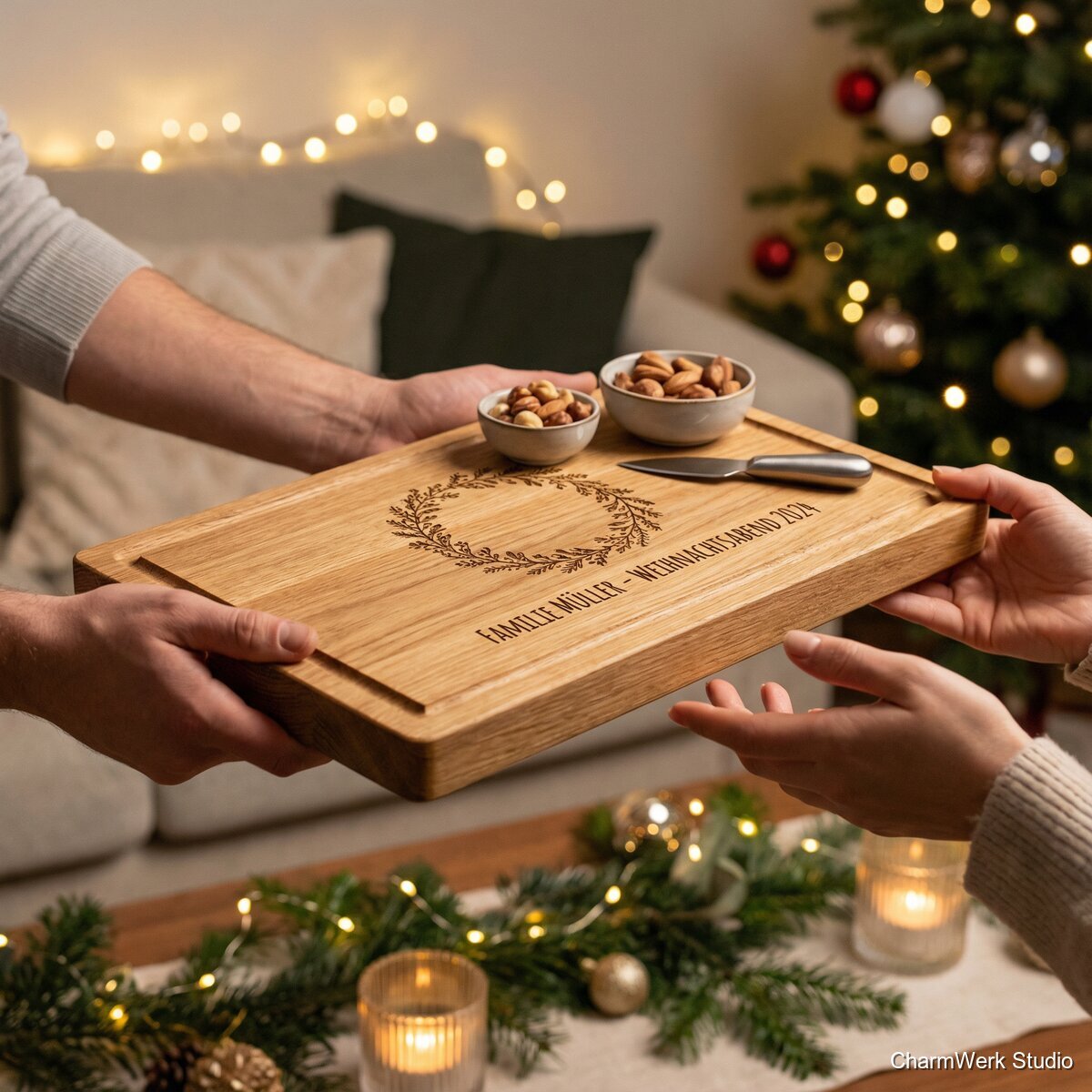 CNC-Servierbrett „Weihnachtsabend“ mit Gravur und Saftrille - Lifestyle