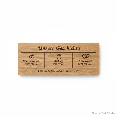 CNC-gefräste „Unsere Geschichte“-Timeline auf Holz