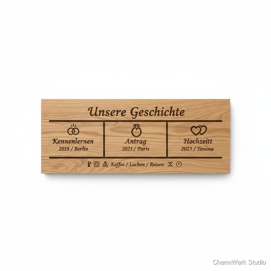 CNC-gefräste „Unsere Geschichte“-Timeline auf Holz