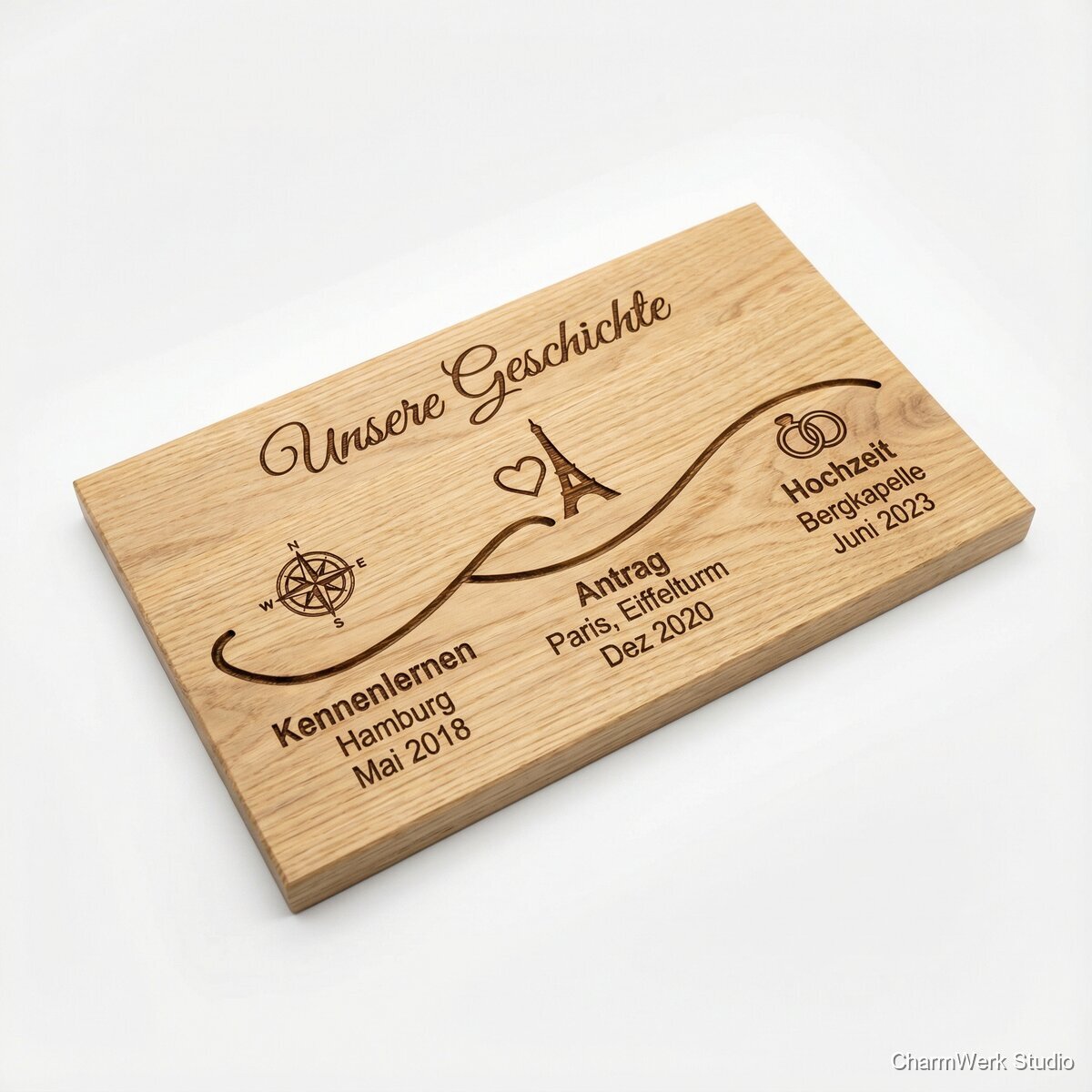 CNC-gefräste „Unsere Geschichte“-Timeline auf Holz - Seitenansicht