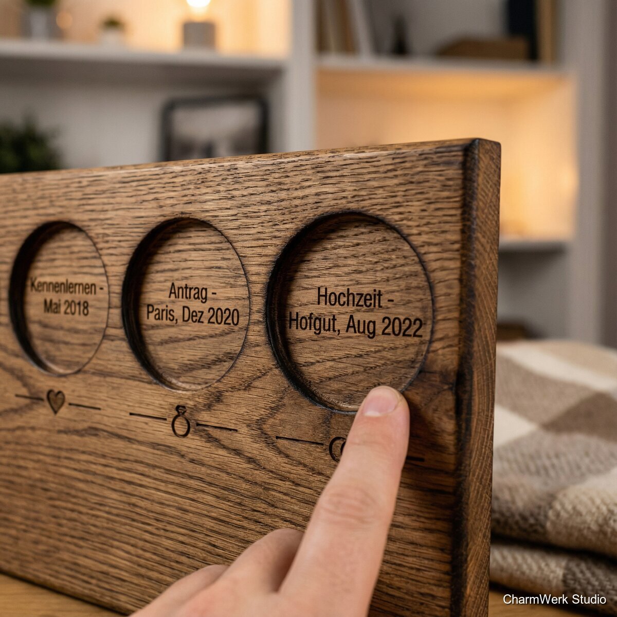 CNC-gefräste „Unsere Geschichte“-Timeline auf Holz - Detailansicht