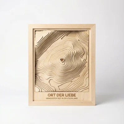 Topografische „Ort der Liebe“-Karte als 3D-Holzbild