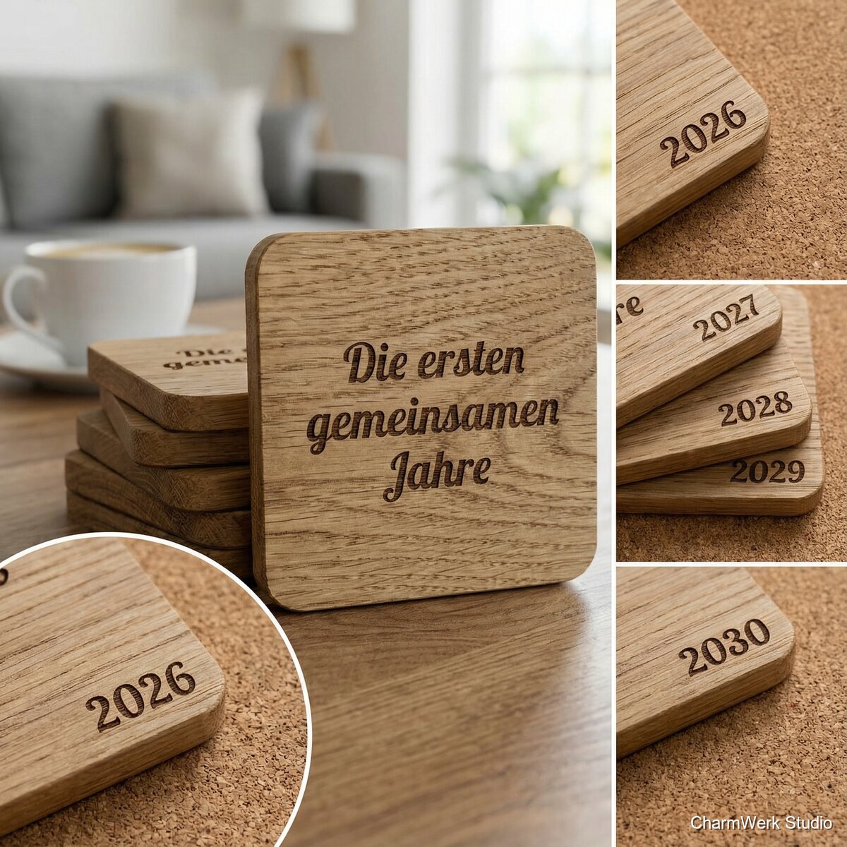 CNC-gefräste Untersetzer „Die ersten gemeinsamen Jahre“ - Detailansicht