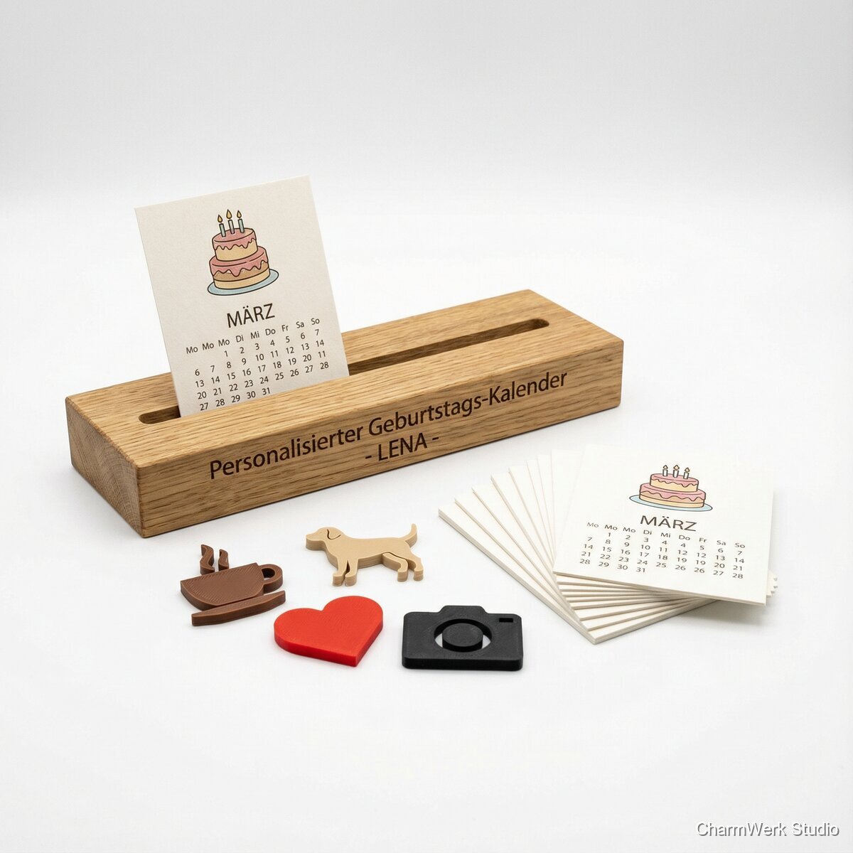 Personalisierter Geburtstags-Kalenderständer mit 3D-Icon-Set - Seitenansicht
