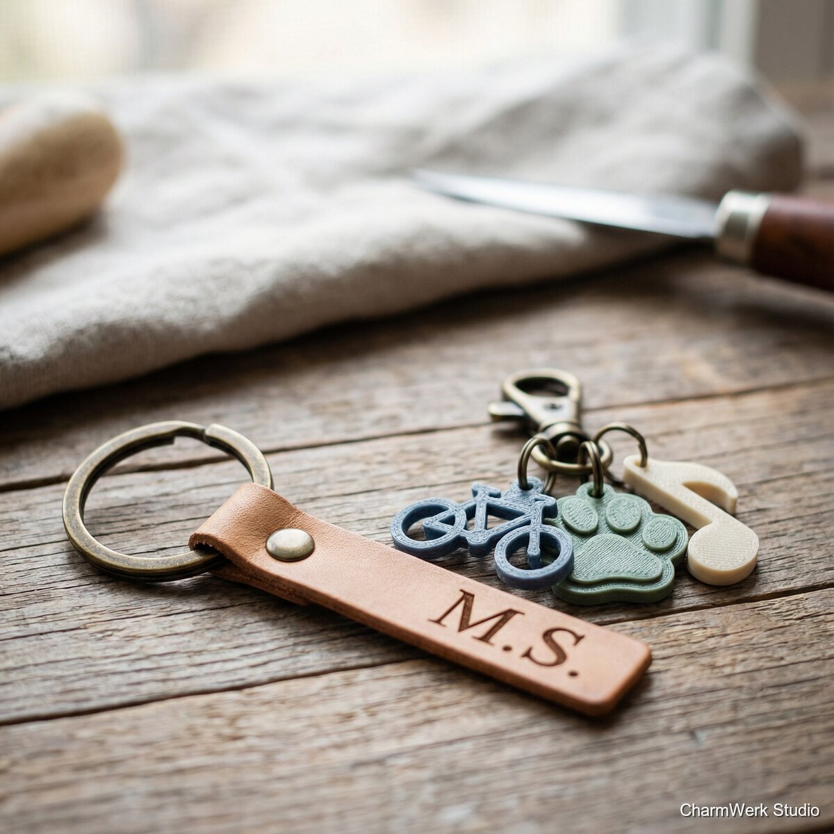 Schlüssel- und Taschen-Set: Lederanhänger mit 3D-Charms - Detailansicht