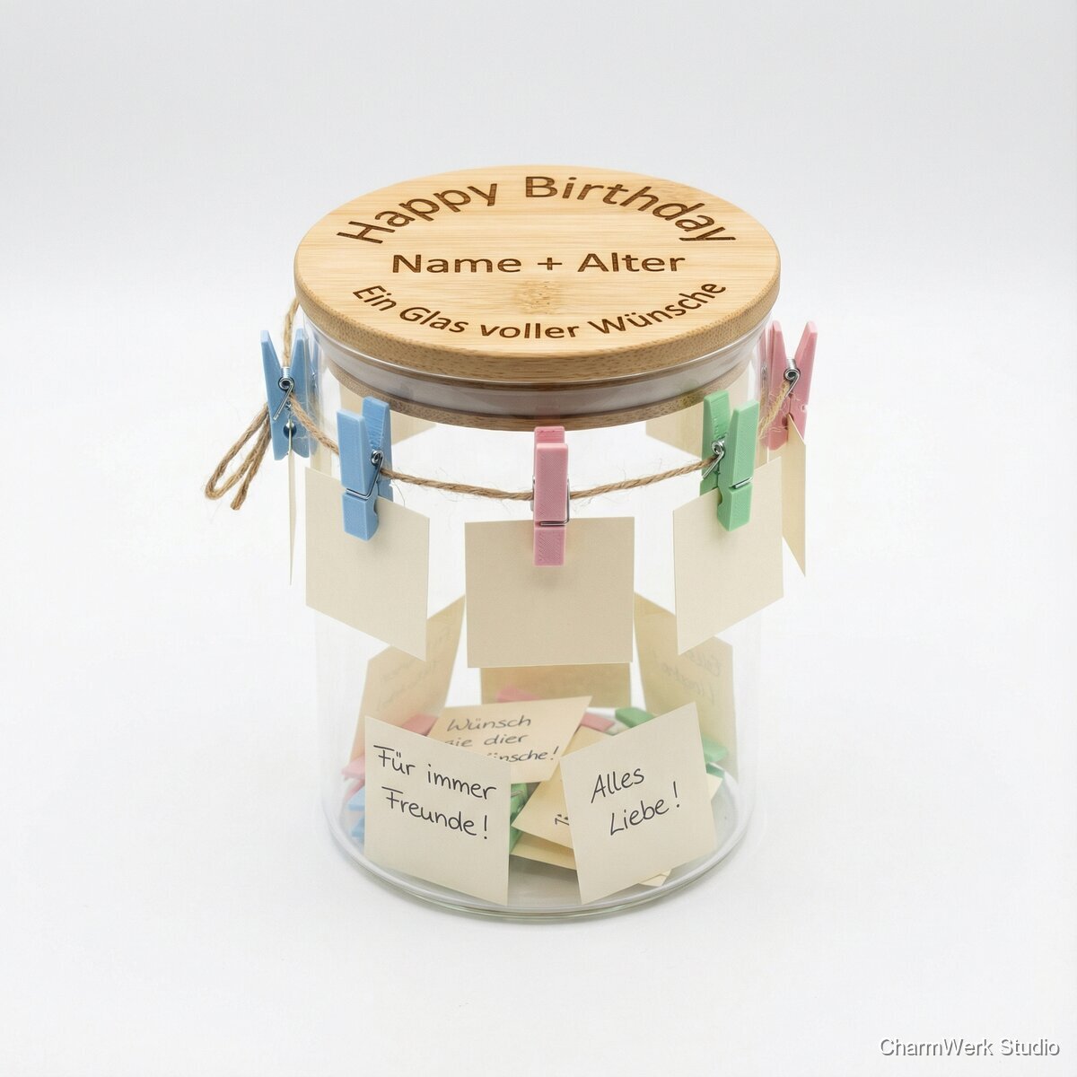 Geburtstags-Erinnerungsglas mit graviertem Deckel und 3D-Labels