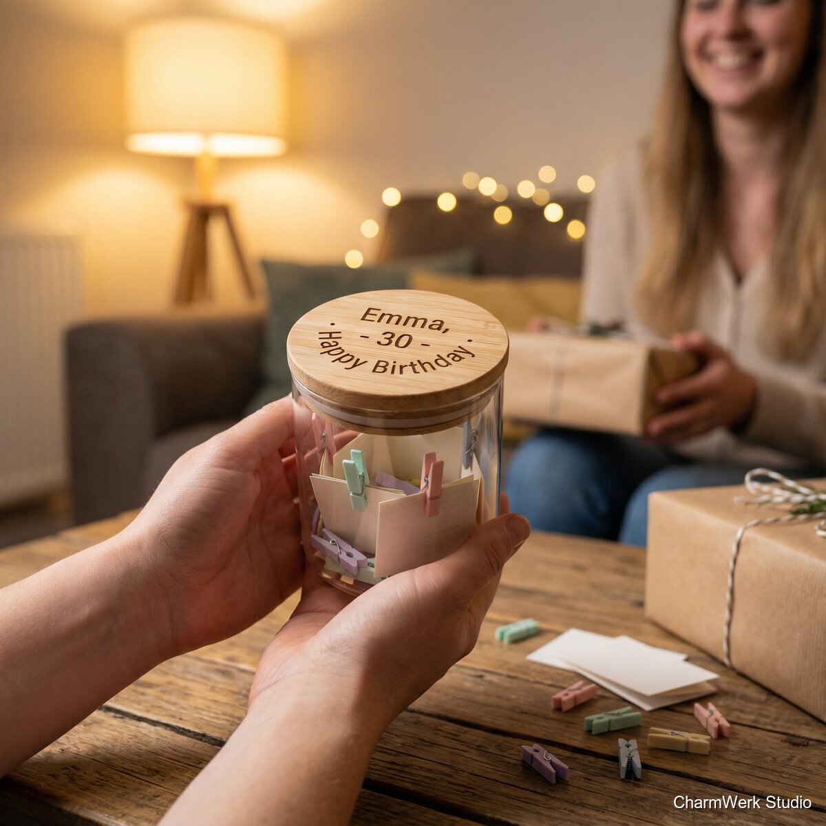 Geburtstags-Erinnerungsglas mit graviertem Deckel und 3D-Labels - Lifestyle