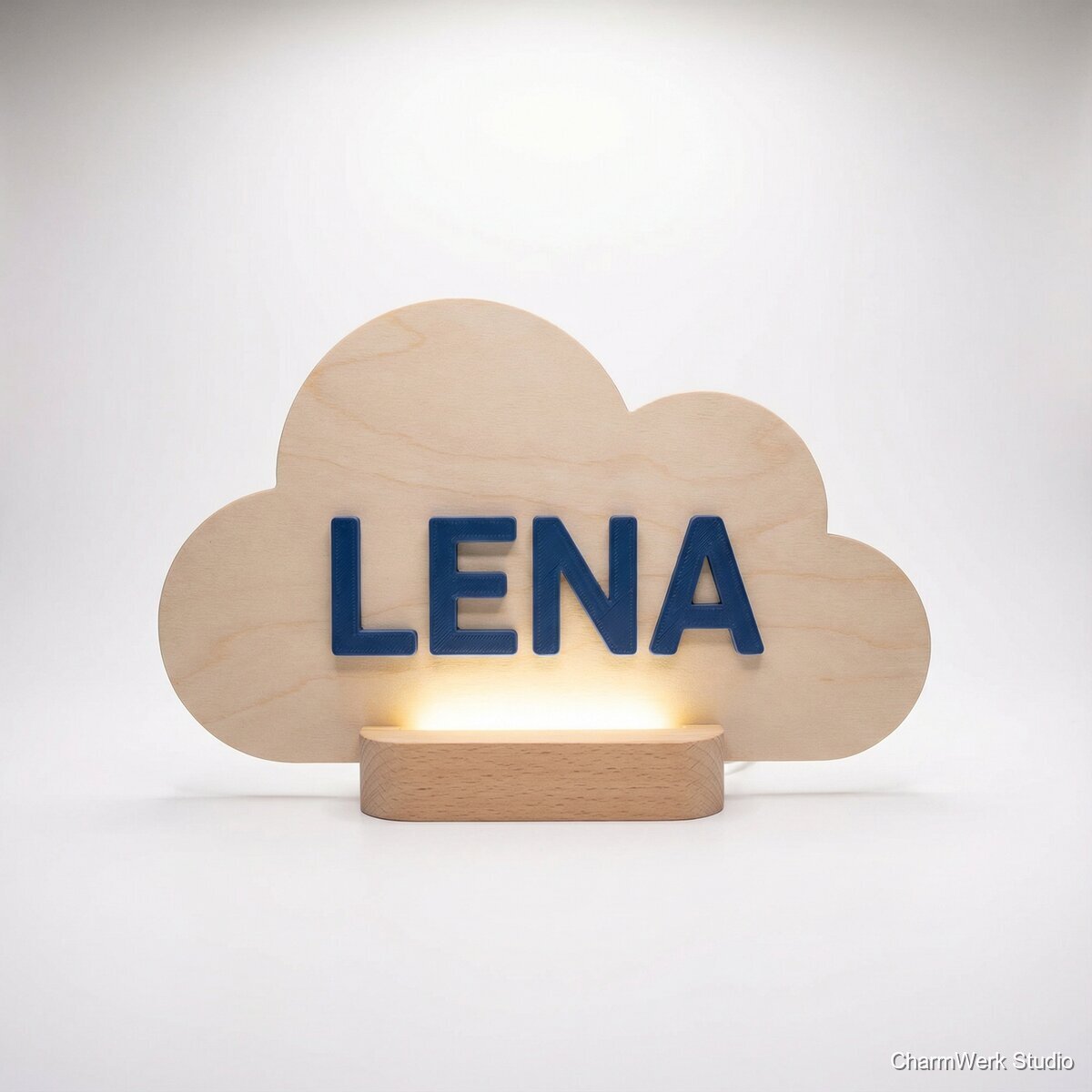 CNC-Namensschild mit 3D-Schriftzug und LED-Sockel