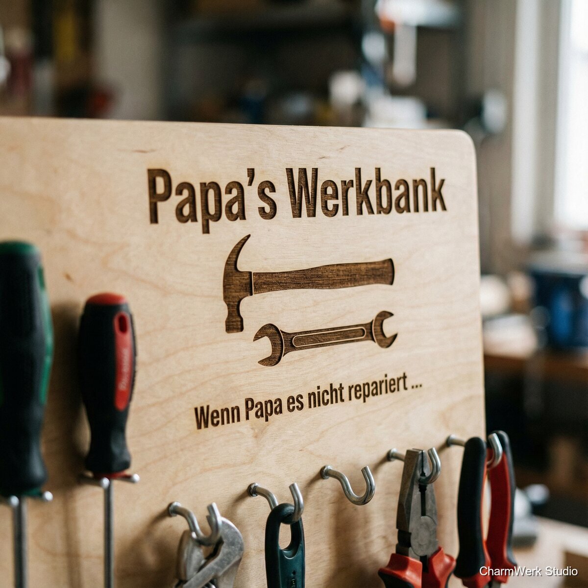 Graviertes Werkzeug-Organizerbrett „Papa’s Werkbank“ - Detailansicht