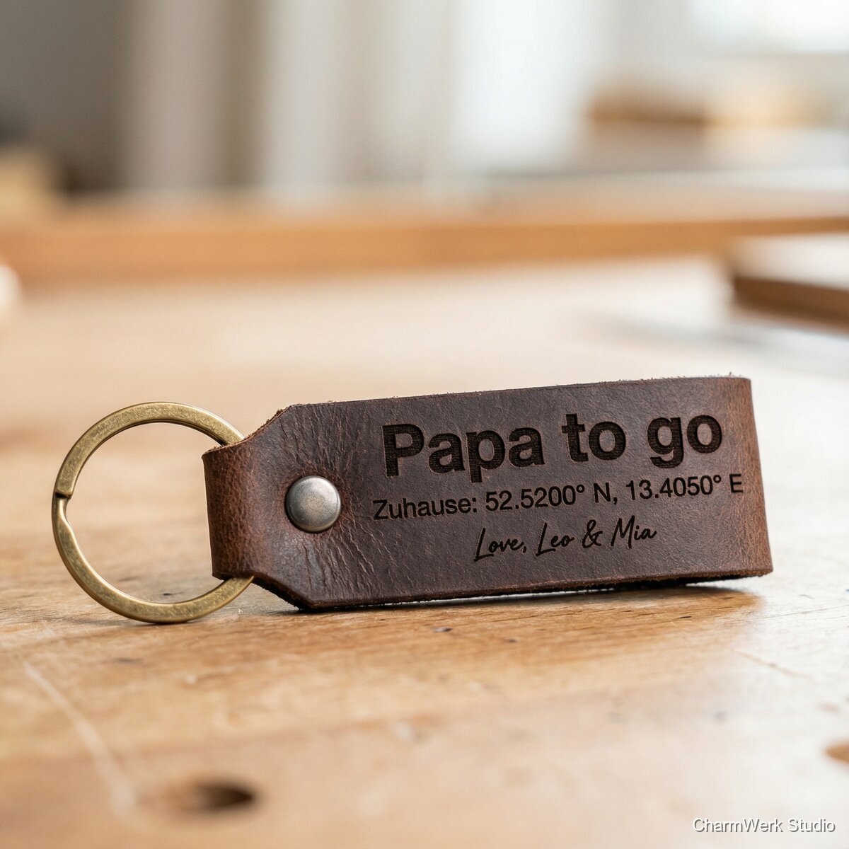 Schlüsselanhänger aus Leder „Papa to go“ - Detailansicht