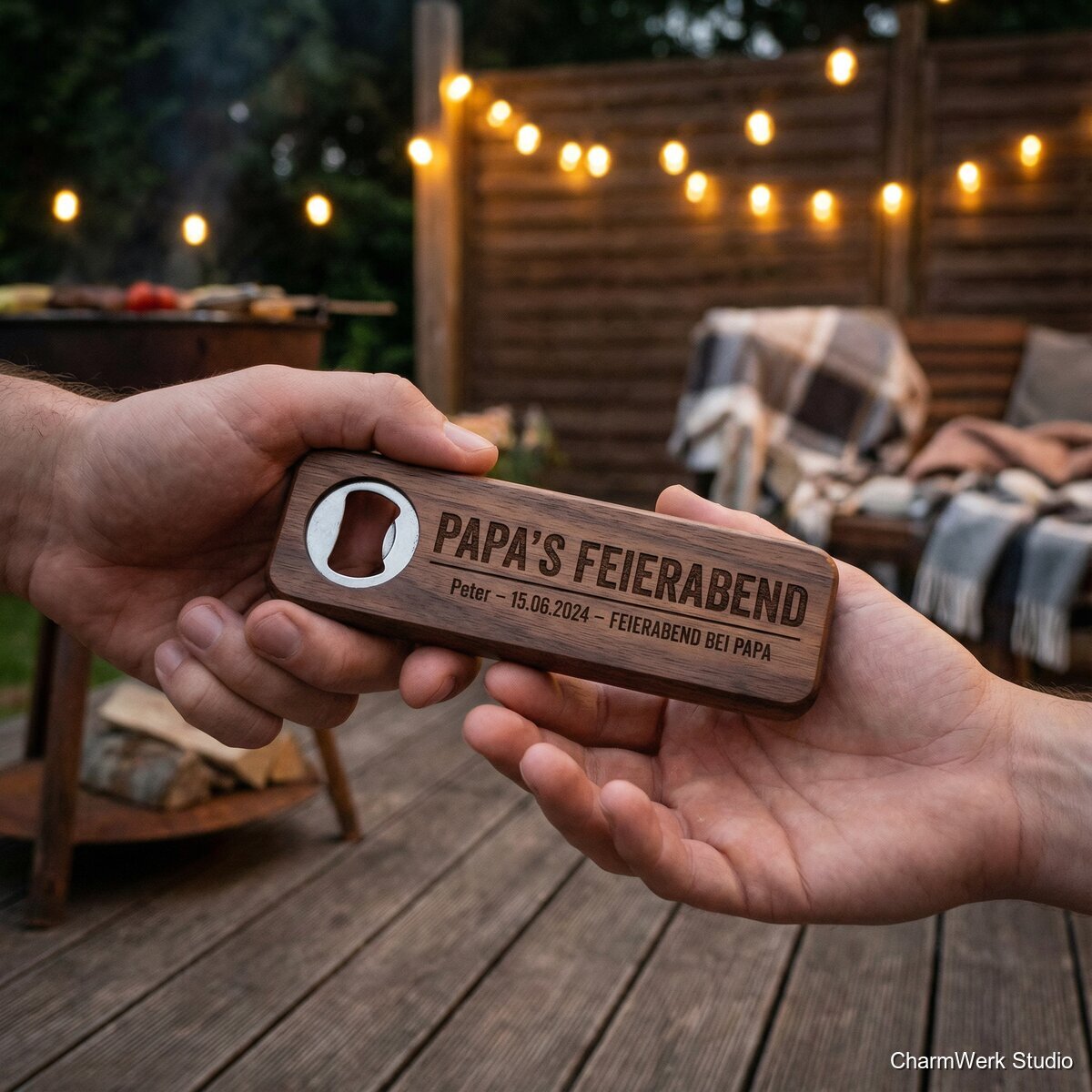 Flaschenöffner aus Holz mit Gravur „Papa’s Feierabend“ - Lifestyle