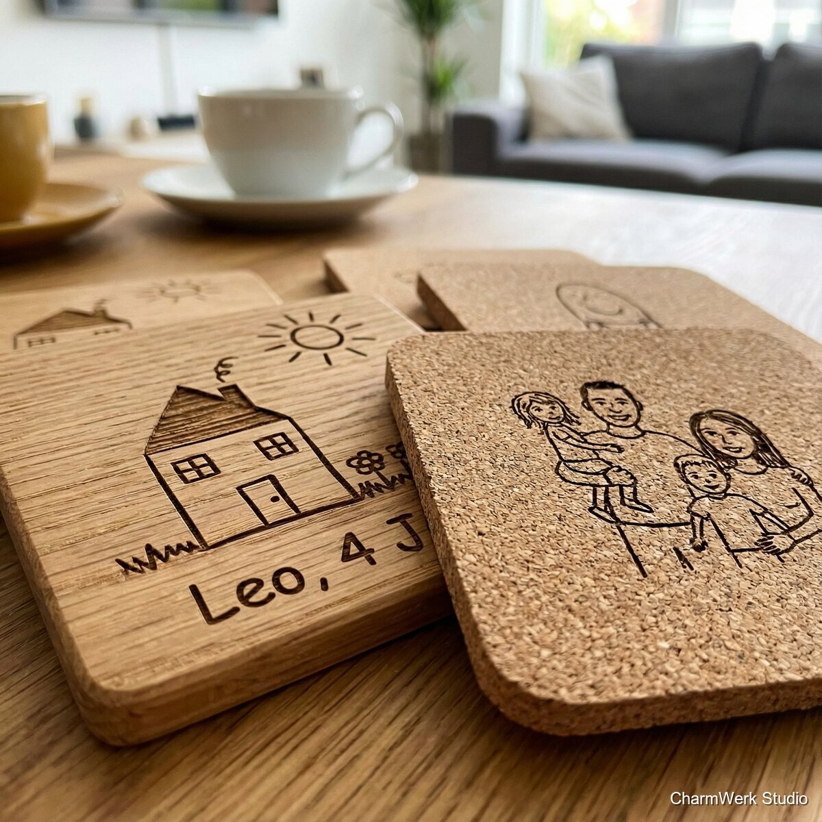 Foto-Untersetzer-Set mit Kinderzeichnungen - Detailansicht