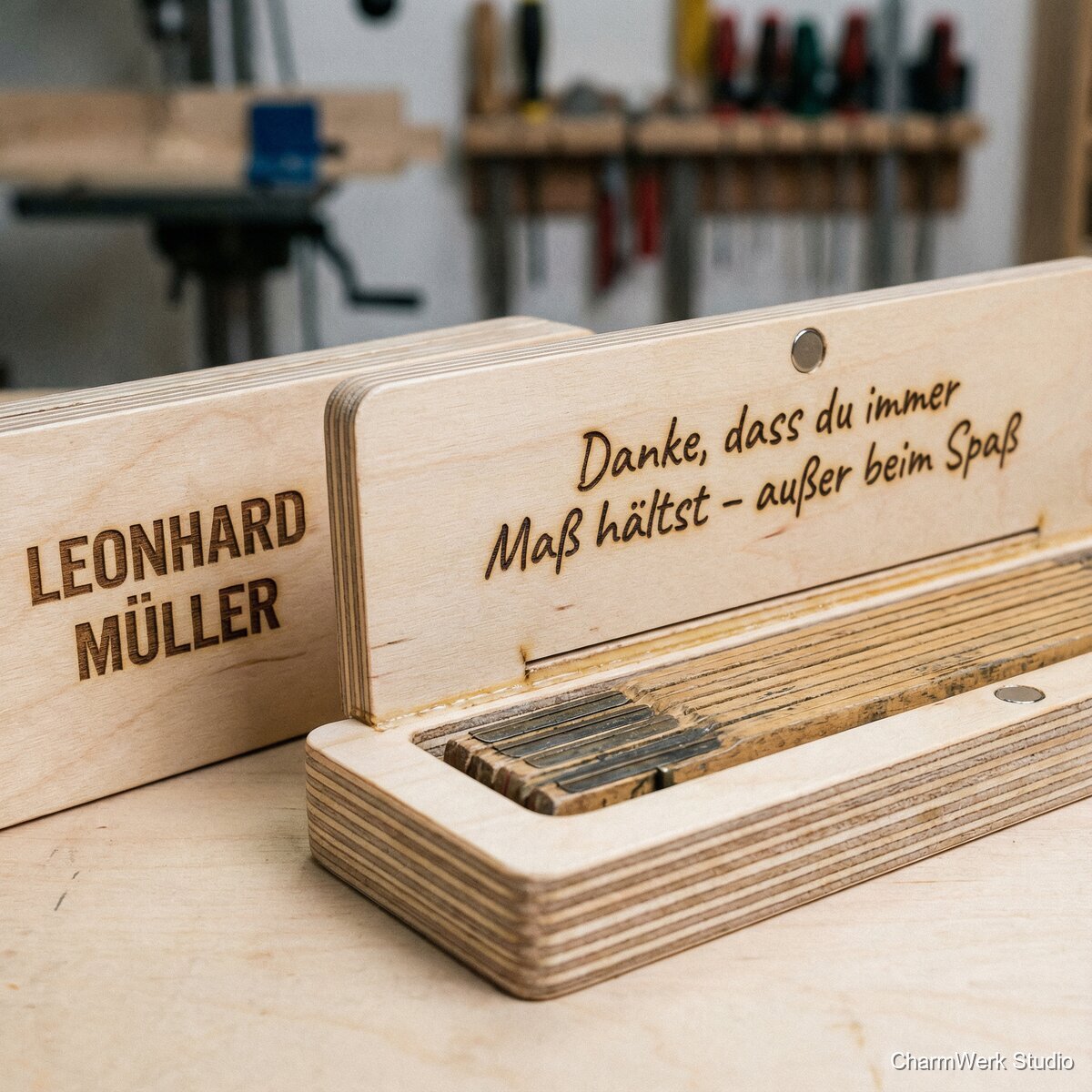 Graviertes Zollstock-Holzetui mit Widmung - Detailansicht