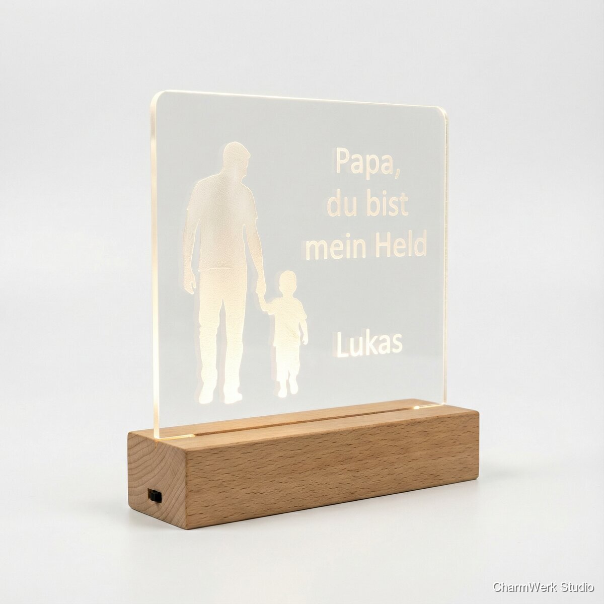 Acryl-Nachtlicht „Papa, du bist mein Held“ - Seitenansicht