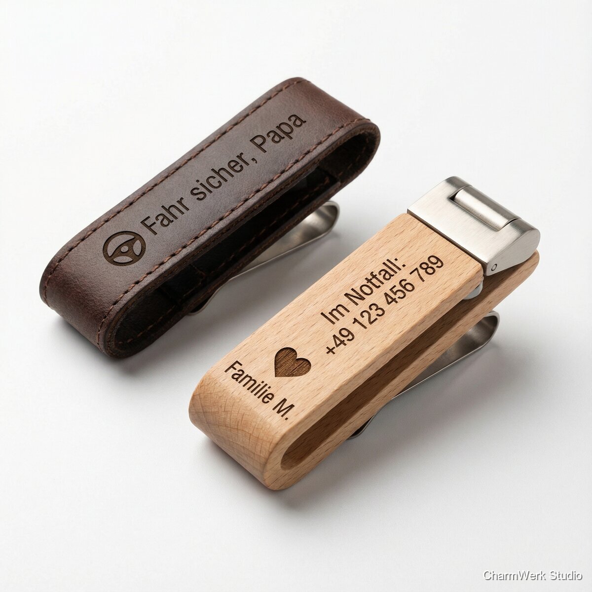 Graviertes Auto-Visier-Clip-Set „Fahr sicher, Papa“ - Seitenansicht