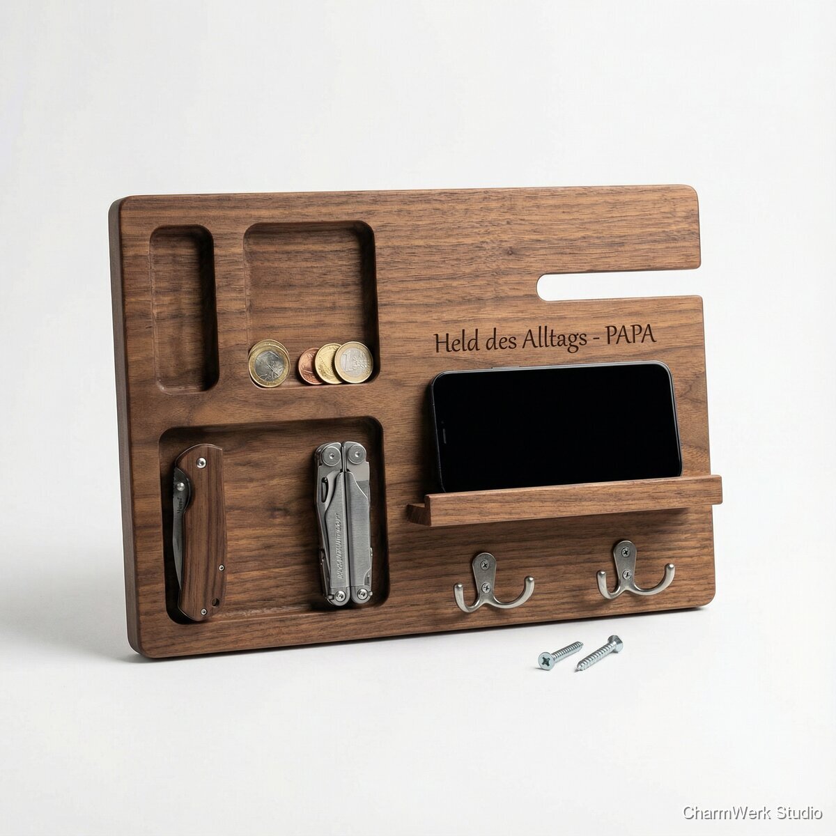 CNC-gefrästes „Papa-Heldenbrett“ für Schlüssel & EDC