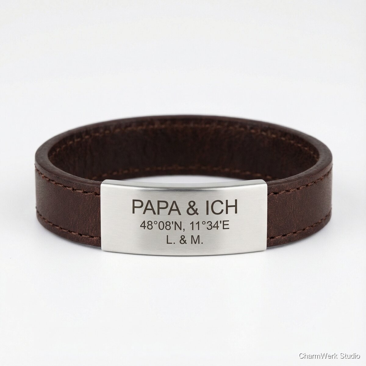 Lasergraviertes Leder-Armband „Papa & ich“ mit Koordinaten