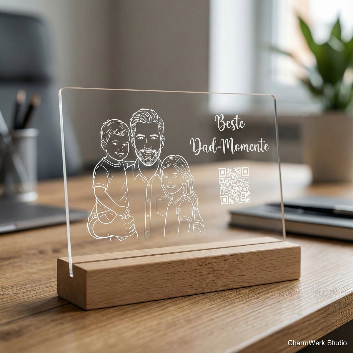 Acryl-Foto-Stand „Beste Dad-Momente“ mit QR-Audiospruch - Detailansicht