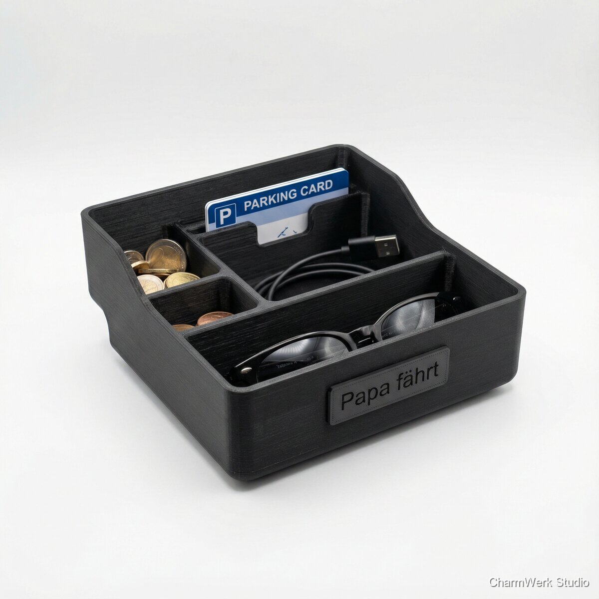 3D-gedruckter Auto-Mittelkonsole-Organizer mit Namensschild