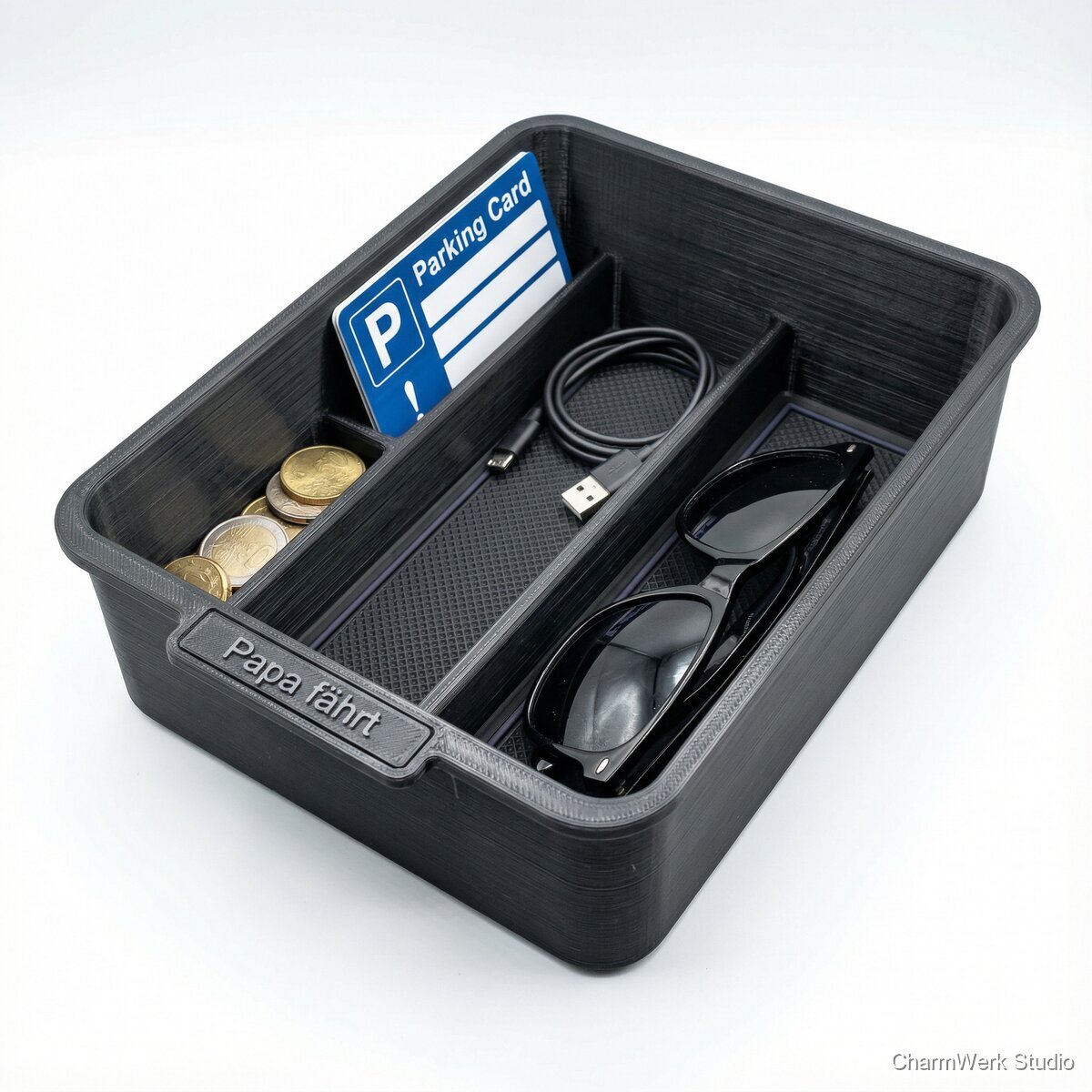 3D-gedruckter Auto-Mittelkonsole-Organizer mit Namensschild - Seitenansicht