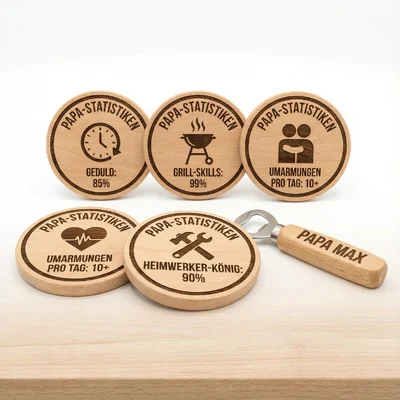 Kombiset: Bierdeckel-Set mit „Papa-Statistiken“ und Flaschenöffner