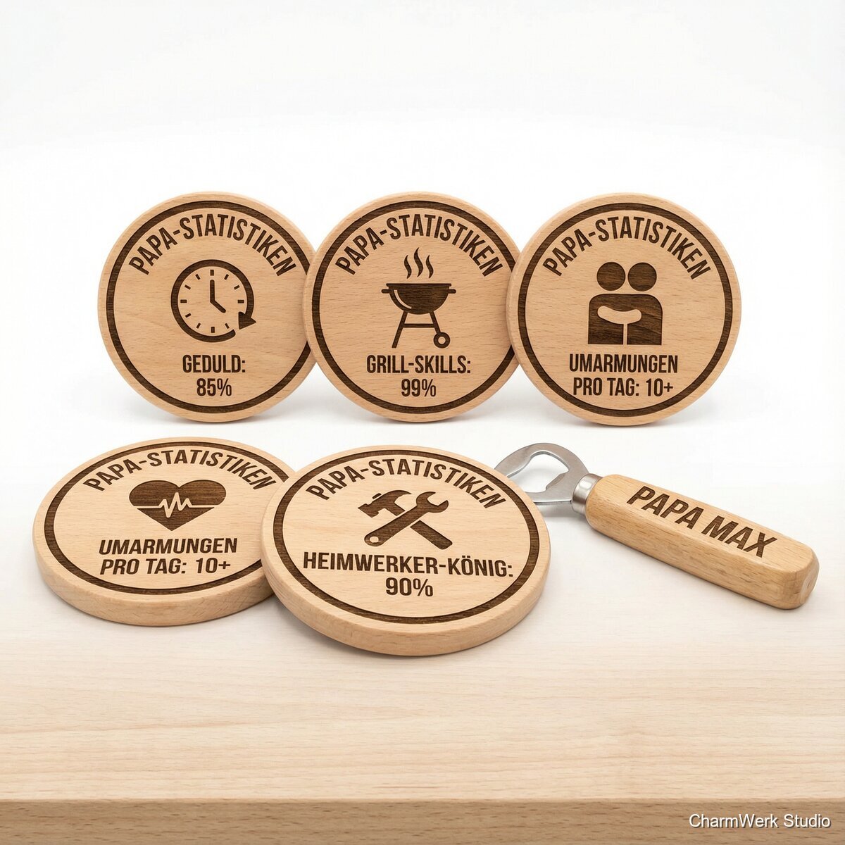 Kombiset: Bierdeckel-Set mit „Papa-Statistiken“ und Flaschenöffner