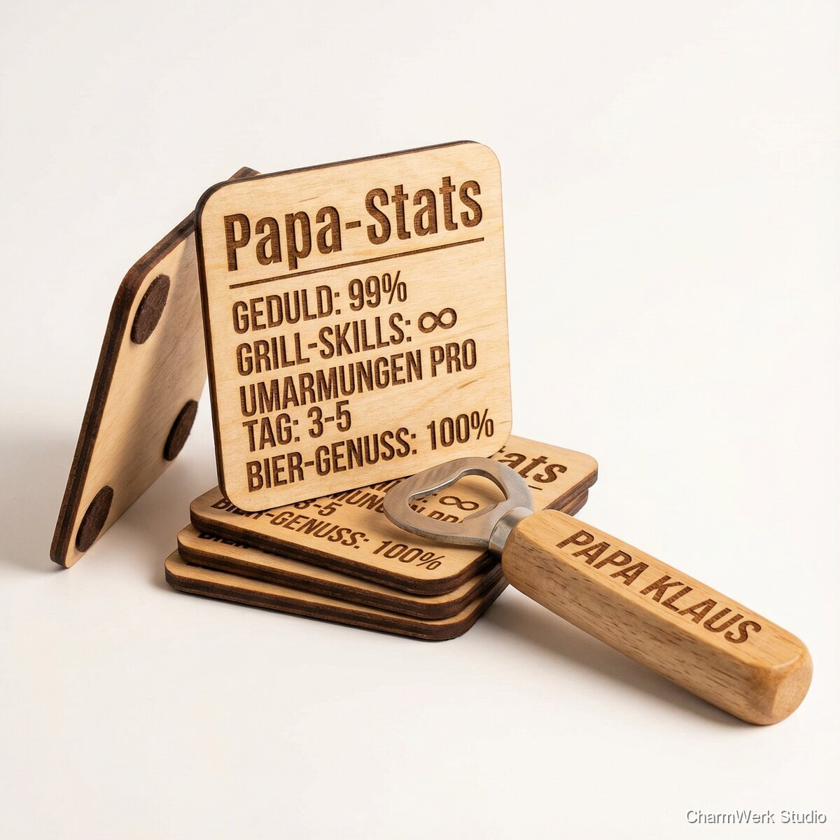 Kombiset: Bierdeckel-Set mit „Papa-Statistiken“ und Flaschenöffner - Seitenansicht