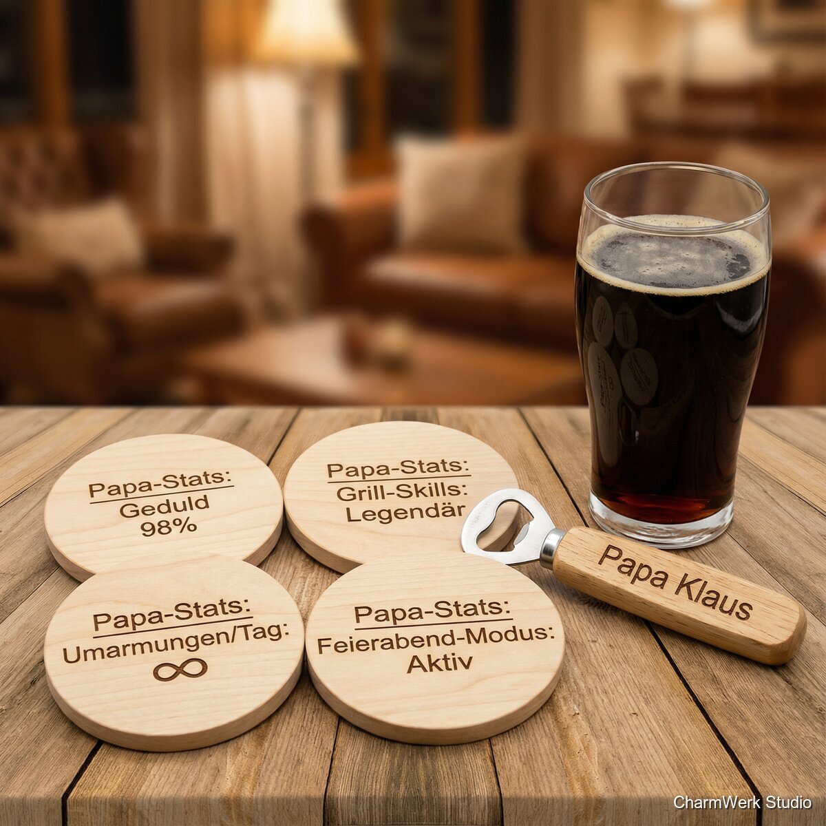 Kombiset: Bierdeckel-Set mit „Papa-Statistiken“ und Flaschenöffner - Detailansicht