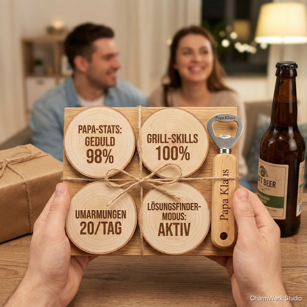 Kombiset: Bierdeckel-Set mit „Papa-Statistiken“ und Flaschenöffner - Lifestyle
