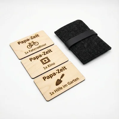 Lasergravierte „Papa-Zeit“-Gutscheinkarten aus Holz