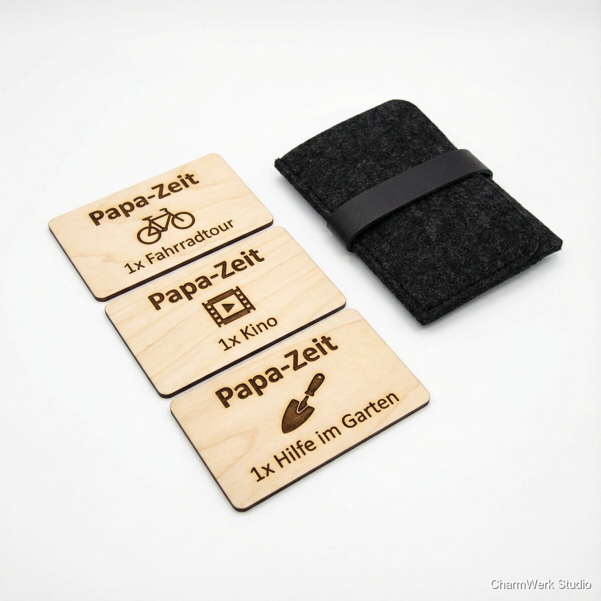 Lasergravierte „Papa-Zeit“-Gutscheinkarten aus Holz