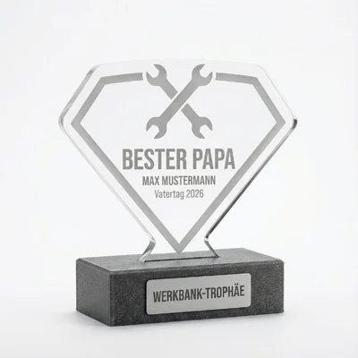 Werkbank-Trophäe „Bester Papa“ als 3D/Acryl-Hybrid