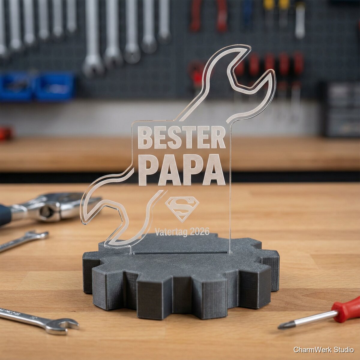 Werkbank-Trophäe „Bester Papa“ als 3D/Acryl-Hybrid - Seitenansicht