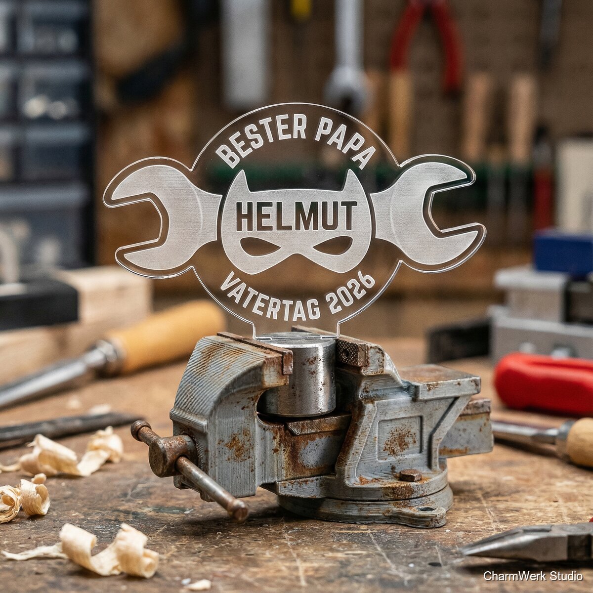 Werkbank-Trophäe „Bester Papa“ als 3D/Acryl-Hybrid - Detailansicht