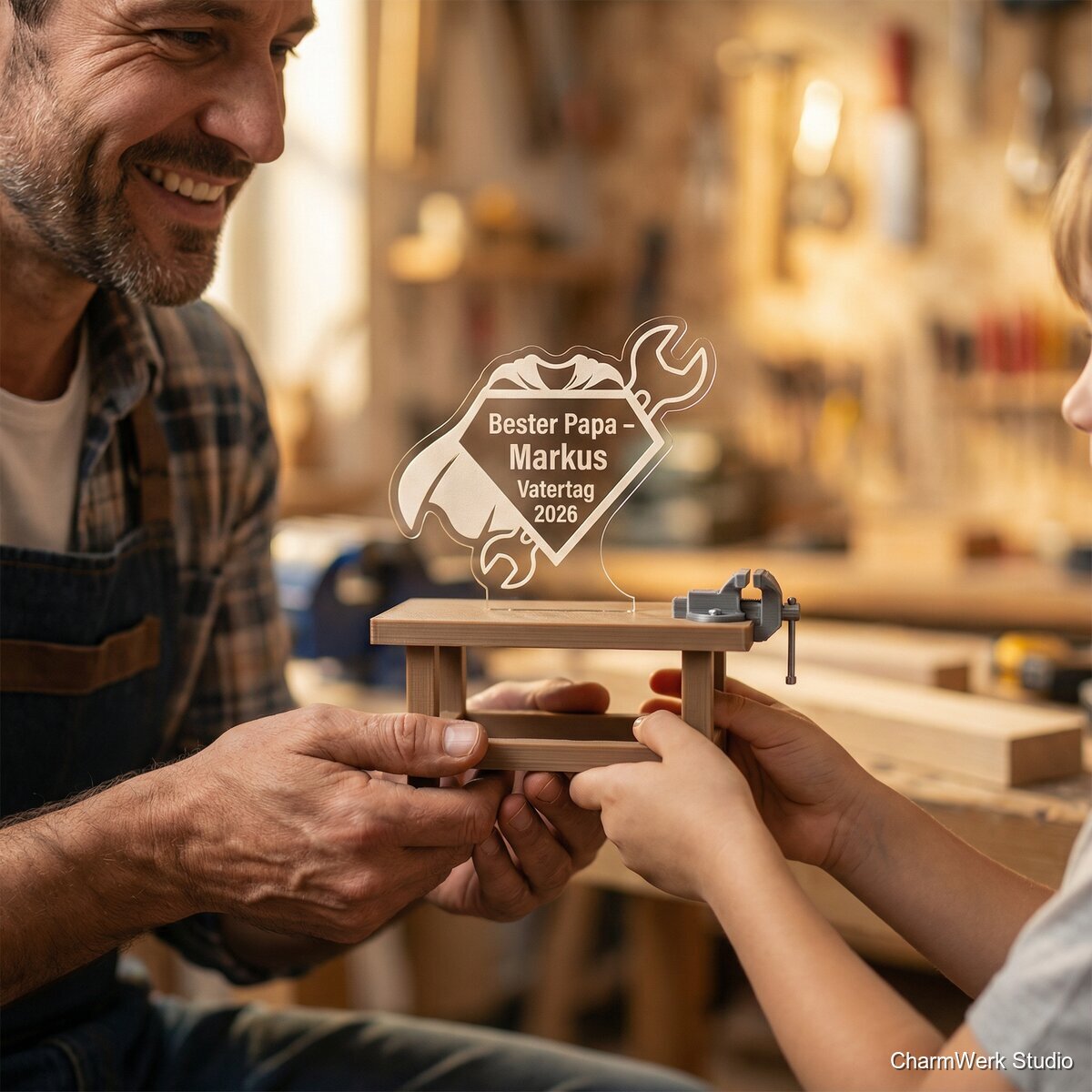 Werkbank-Trophäe „Bester Papa“ als 3D/Acryl-Hybrid - Lifestyle